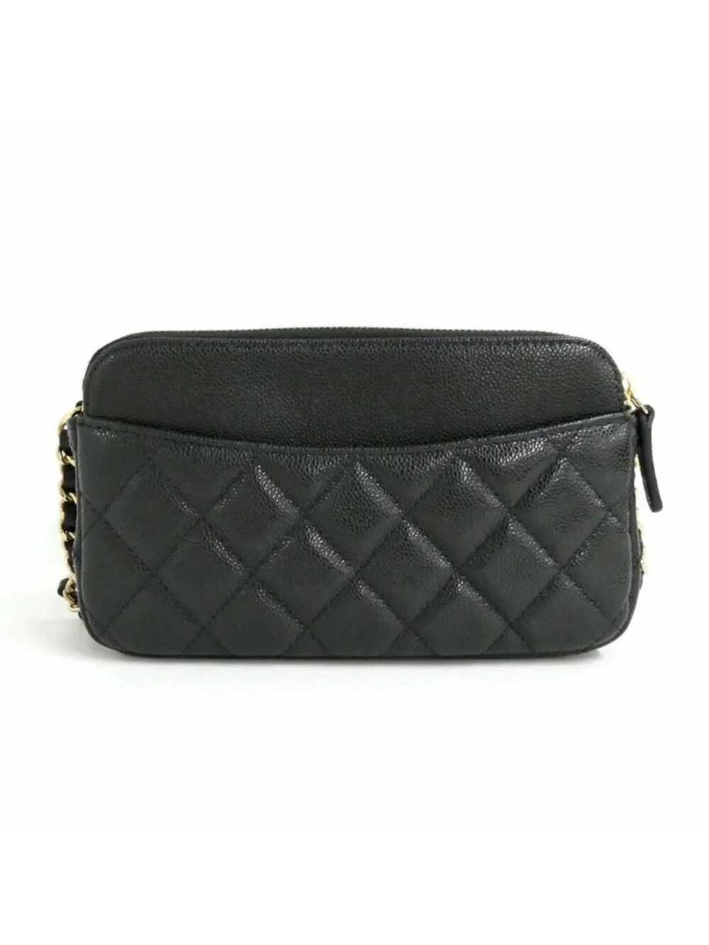 Chanel Flap Phone Case Chain Shoulder Bag Caviar Leather Black Gold